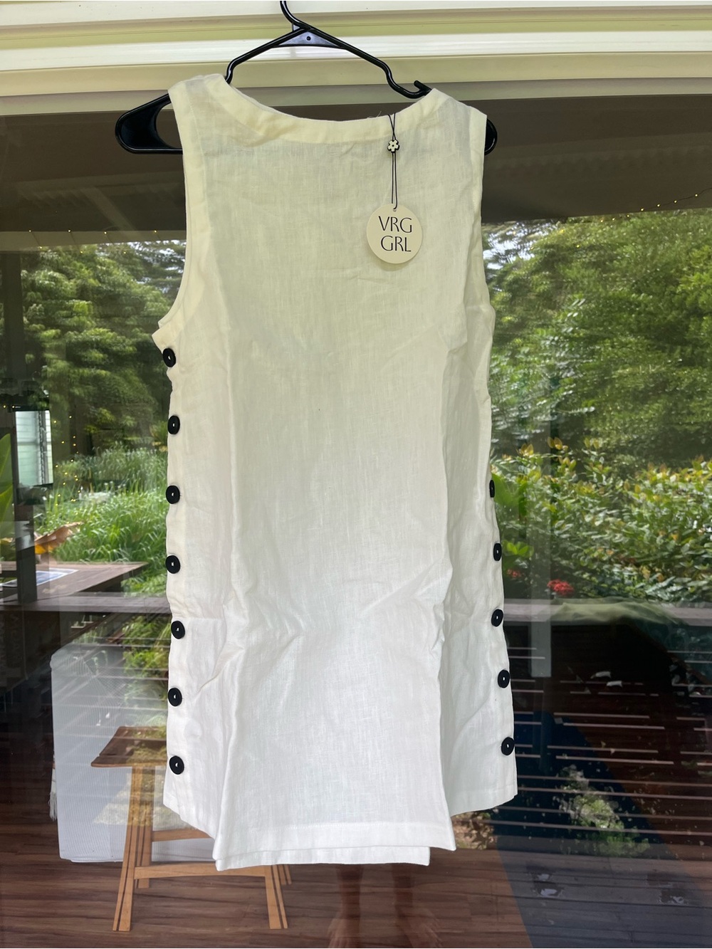 VRG GIRL Sleeveless White Linen Shift Dress with Side Button Detail